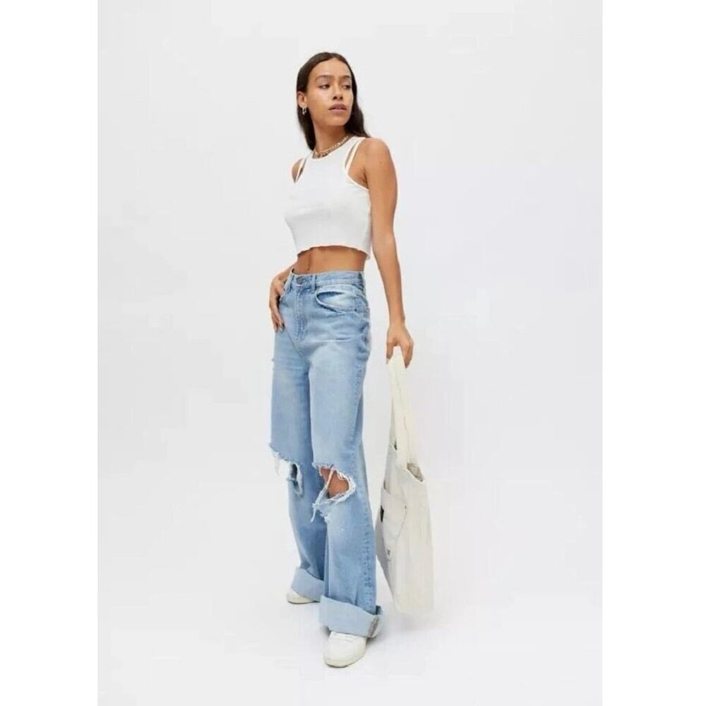 BDG Skater Baggy Jean Y2K Grunge Distressed Light Wash Cuffed Denim Size 27